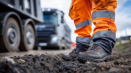 Worker bright orange safety gear, stands beside large muddy pipe, emerging ground near truck, excavation visualization, industrial construction concept, with copy space
