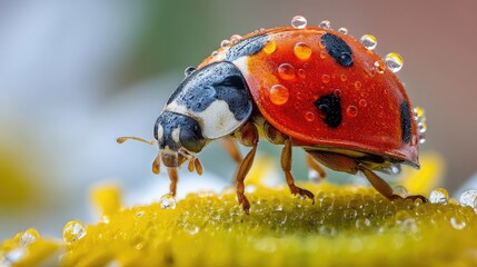 Vibrant Ladybug with Water Droplets on Yellow Petal Showcasing Nature's Beauty in Macro Photography