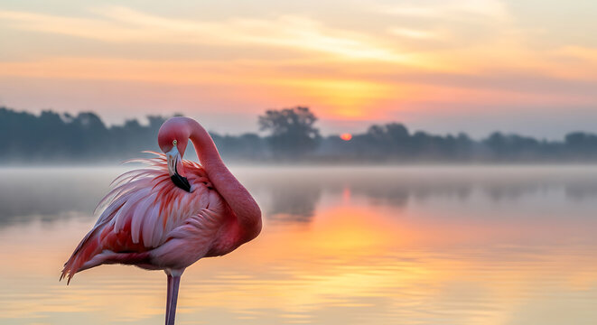 pink flamingo at sunset - Powered by Adobe