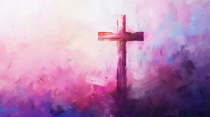 Artistic watercolor Christian cross background with copy space, holy serene uplifting pastel tones and texture. Great for Easter cards, social posts, and inspirational worship visuals.