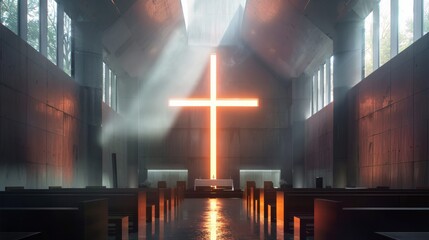 Modern church interior illuminated cross and striking beams of light through windows minimalist uplifting. Perfect for sermon Easter backgrounds Christian church branding inspirational religious use