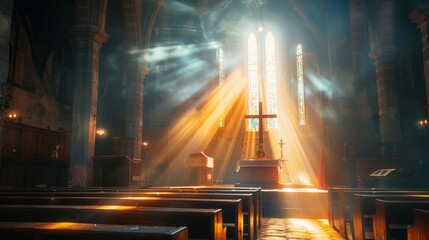 Medieval church interior illuminated cross and striking beams of light through windows minimalist uplifting. Perfect for sermon Easter backgrounds Christian church branding inspirational religious use