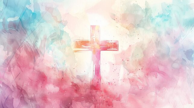 Artistic watercolor Christian cross background with copy space, holy serene uplifting pastel tones and texture. Great for Easter cards, social posts, and inspirational worship visuals.