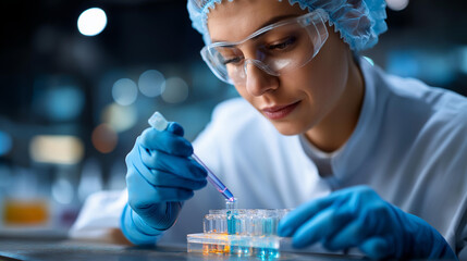 Close-up medical professional sterile protective, wear meticulously examining small samples, laboratory vials clinical precision, visualization research concept, with copy space