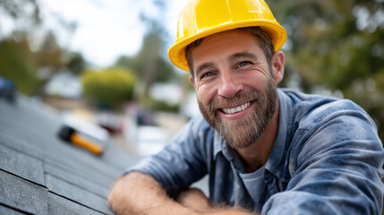 Skilled contractor performing essential display, repair roof work residential house safety gear, construction service visualization, building maintenance concept, with copy space