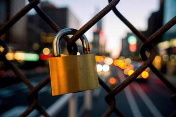 Golden padlock secured on rusty chain link fence with blurred city lights background