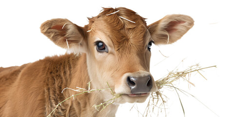 Ultra realistic calf portrait, medium close-up, young calf calmly chewing hay, gentle curious expression, small pieces of dry hay falling softly around the calf, frozen mid-air, sharp focus, soft deta