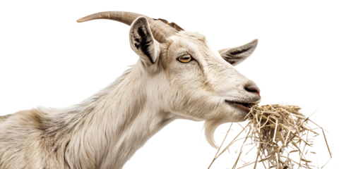 Ultra realistic goat portrait, medium close-up, goat calmly chewing hay, neutral relaxed expression, small pieces of dry hay falling gently around the goat, frozen mid-air, sharp focus, detailed fur t