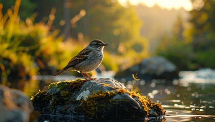 Bird on Mossy Rock by Serene Lake Symbolizing Natural Harmony and Editorial Styling for Wildlife Tranquility