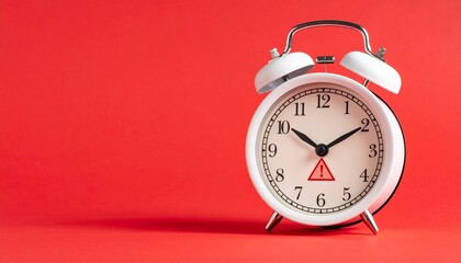 White Analog Alarm Clock on Red Background Symbolizing Time Awareness and Editorial Styling for Morning Routine