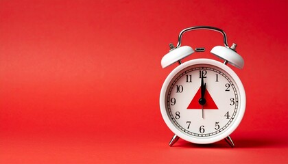 White Analog Alarm Clock on Red Background Symbolizing Time Awareness and Editorial Styling for Morning Routine