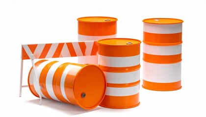 Traffic Barrels and Barricade in Orange and White Symbolizing Road Safety and Editorial Styling for Construction Zones