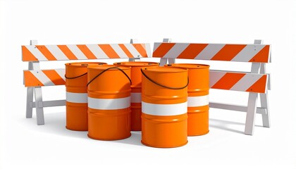 Traffic Barrels and Barricade in Orange and White Symbolizing Road Safety and Editorial Styling for Construction Zones