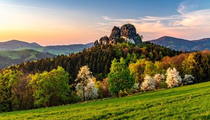 Spring Meadow and Rocky Hill at Sunrise Symbolizing Natural Beauty and Editorial Styling for Landscape Travel