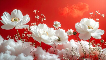 Surreal Floral and Cloud Composition on Red Background Symbolizing Fantasy and Editorial Styling for Conceptual Art