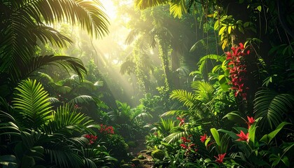 Tropical Rainforest with Sunlit Foliage Symbolizing Biodiversity and Editorial Styling for Nature and Ecology