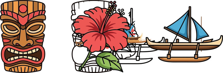 Vibrant hawaiian tiki mask, exotic hibiscus flower, and traditional outrigger canoe depicting island life © MDMUKTADIR