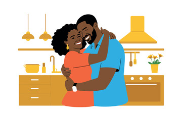 A loving couple embracing in a modern kitchen with warm yellow tones and happy expressions