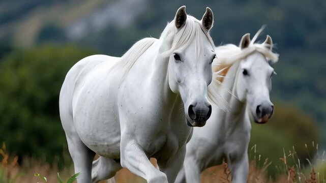 White Horses Running Freely Through Green Meadow in Natural Mountain Landscape