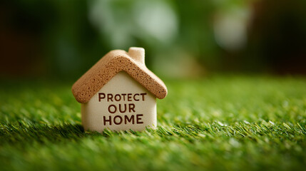 Miniature house with Protect Our Home message on green grass with copy space