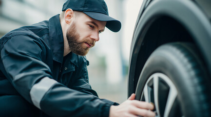 Mechanic inspecting car wheel and tire during vehicle service