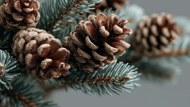Frosted Pine Cones on Blue Spruce Branch Macro Nature Detail