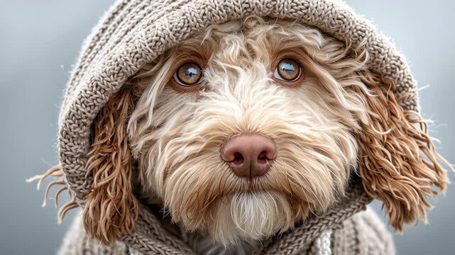 Cute Dog Wearing Knitted Hat and Sweater in Cozy Portrait
