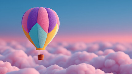 Fototapeta premium Colorful Hot Air Balloon Flying Above Pink Clouds with Copy Space