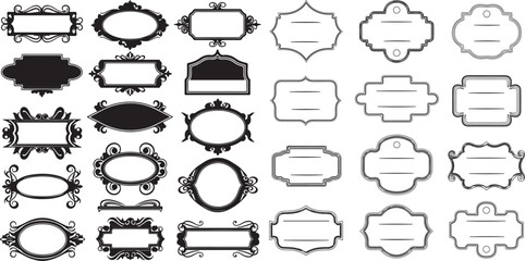  Vintage label collection featuring ornate frames and elegant silhouettes. decorative badge forms for product packaging, branding and logo design. vector template set with blank area.eps
