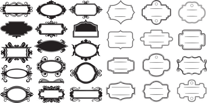  Vintage label collection featuring ornate frames and elegant silhouettes. decorative badge forms for product packaging, branding and logo design. vector template set with blank area.eps