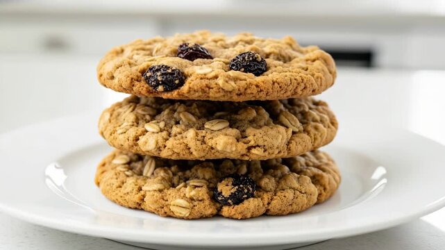 Tempting stack of oatmeal cookies with raisins highlighting sweet dessert appeal
