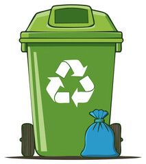 Green recycling wheelie bin with recycle symbol and a garbage bag vector illustration