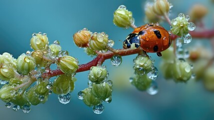 Close-Up of a Ladybug on a Branch with Water Droplets, Capturing Nature's Beauty and Intricate Details of Insects and Plants in a Vibrant Environment