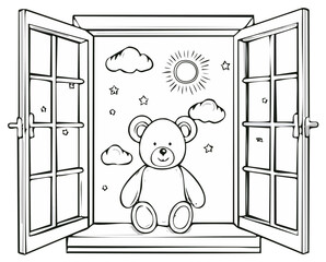 A teddy bear sits on an open windowsill looking at the sky in a black and white coloring page illustration
