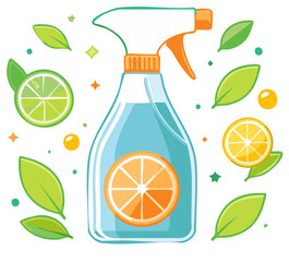 Spray bottle with citrus elements. Cleaning and fresh concept. Graphic illustration.