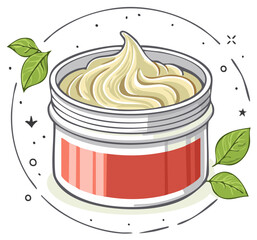 Jar of creamy cosmetic moisturizer with green leaves and decorative elements