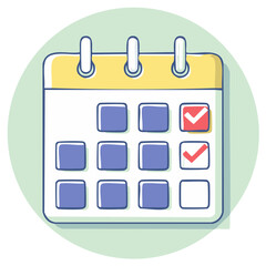 Doodle style calendar icon displaying scheduled tasks and completed items with red checkmarks