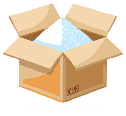 Opened cardboard box with blue and white material inside illustration