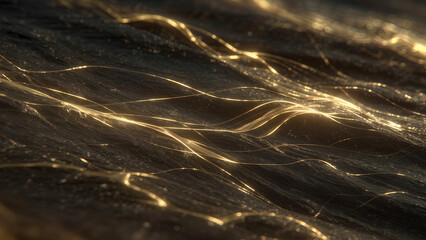 Luxury abstract  background, dark surface with flowing golden light waves,slow elegant motion, cinematic lighting