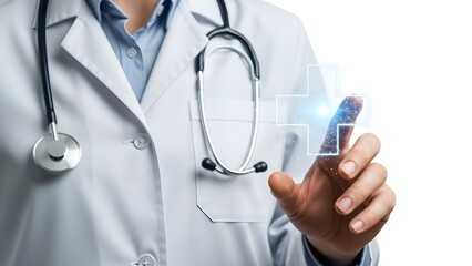 Doctor in White Lab Coat Touching Glowing Blue Medical Cross Icon
