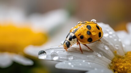 Close-Up of a Yellow Ladybug with Black Spots Crawling on a White Flower Petal Surrounded by Dew Drops in a Natural Environment