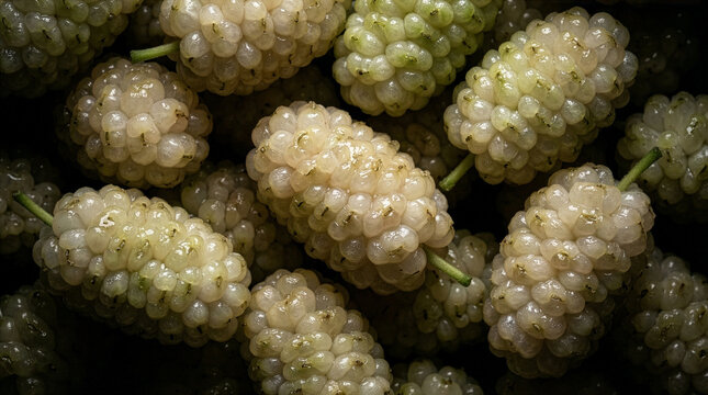 Fresh white mulberries aggregate fruit with water sheen