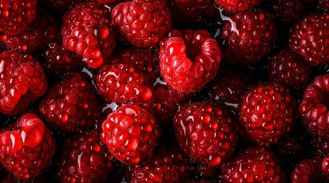 Saturated red raspberries with reflective water coating