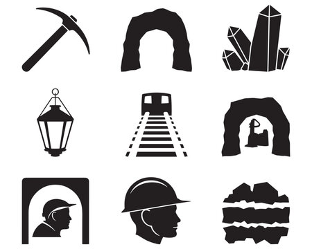 Mining Industry Silhouette Icons Set Tools, Tunnels, Workers, Crystals Symbols