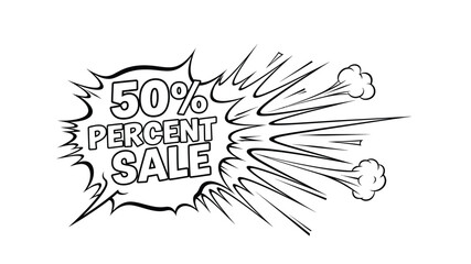 A striking black and white illustration of a fifty percent sale promotion with dynamic lines
