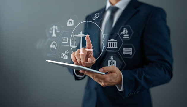 A businessman in a suit interacts with a digital tablet displaying legal icons and symbols. - Powered by Adobe