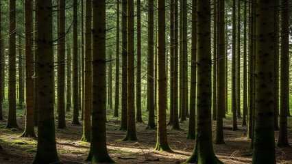 Tranquil Pine Forest with Sunlight Filtering Through Dense Canopy Creating a Serene Natural Landscape