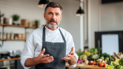 Chef instructor teaching cooking class modern kitchen gesturing. Mature male culinary expert apron fresh vegetables background. Professional education, tutorial, demonstration, lesson concept.