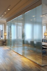 Fototapeta premium Bright Modern Office With Glass Partition Walls, Wooden Floor, And City View For Meetings And Collaboration