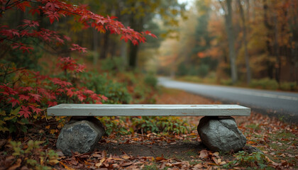 A serene bench sits by a winding road in a vibrant autumnal forest